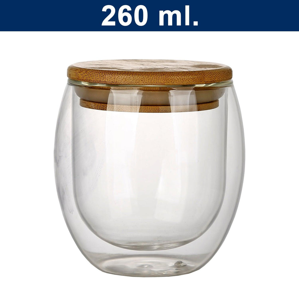 Vaso de vidrio doble pared con tapa de bamboo M7 - PlusSport